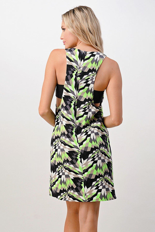 Kaleidoscope printed side band fashion mini dress