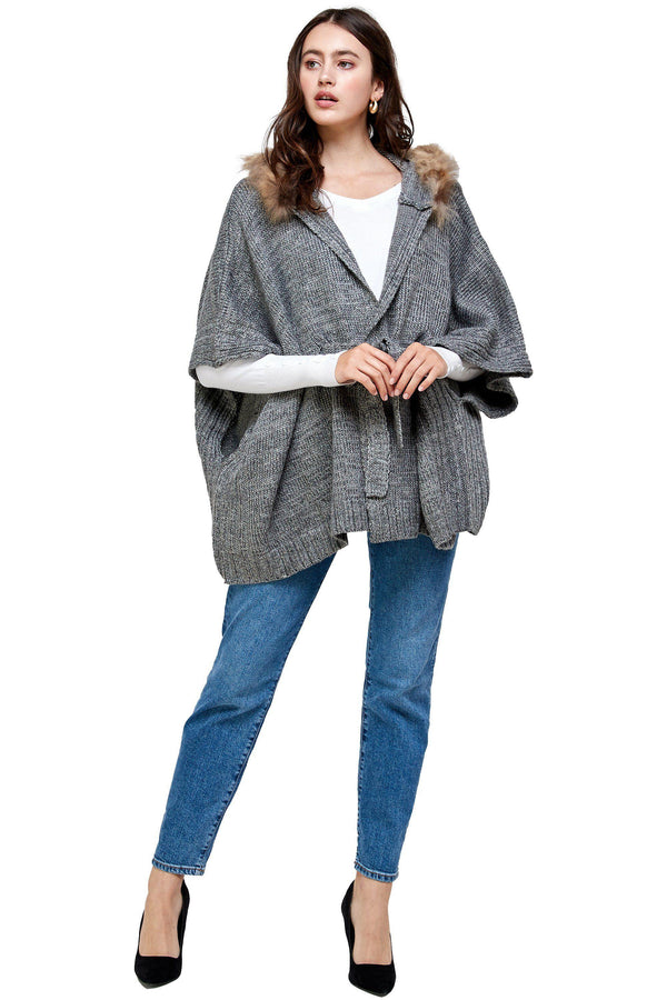 Hoodie Poncho Sweater Cardigan Fur Trim Top - MILEY + MOLLY