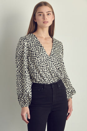 Women's V-Neck Abstract Print Blouse with Long Sleeves