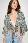 Wide ruffle sleeves tie crop cardigan leopard