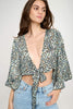 Animal Print Tie-Front Crop Top with Flared Sleeves