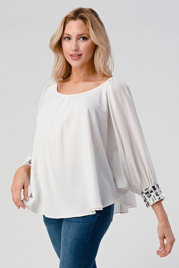 Women's Flowing Blouse with Embellished Cuffed Sleeves