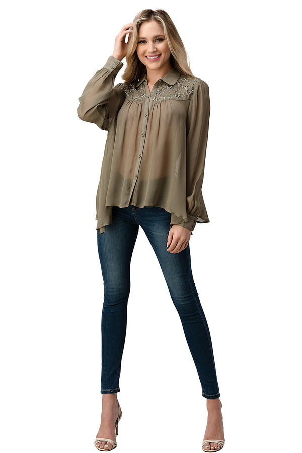 Mesh Blouse Shirt Top with Beaded Jewel Trim