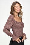 Smocked Floral Long Sleeve Top with Ruffle Neckline