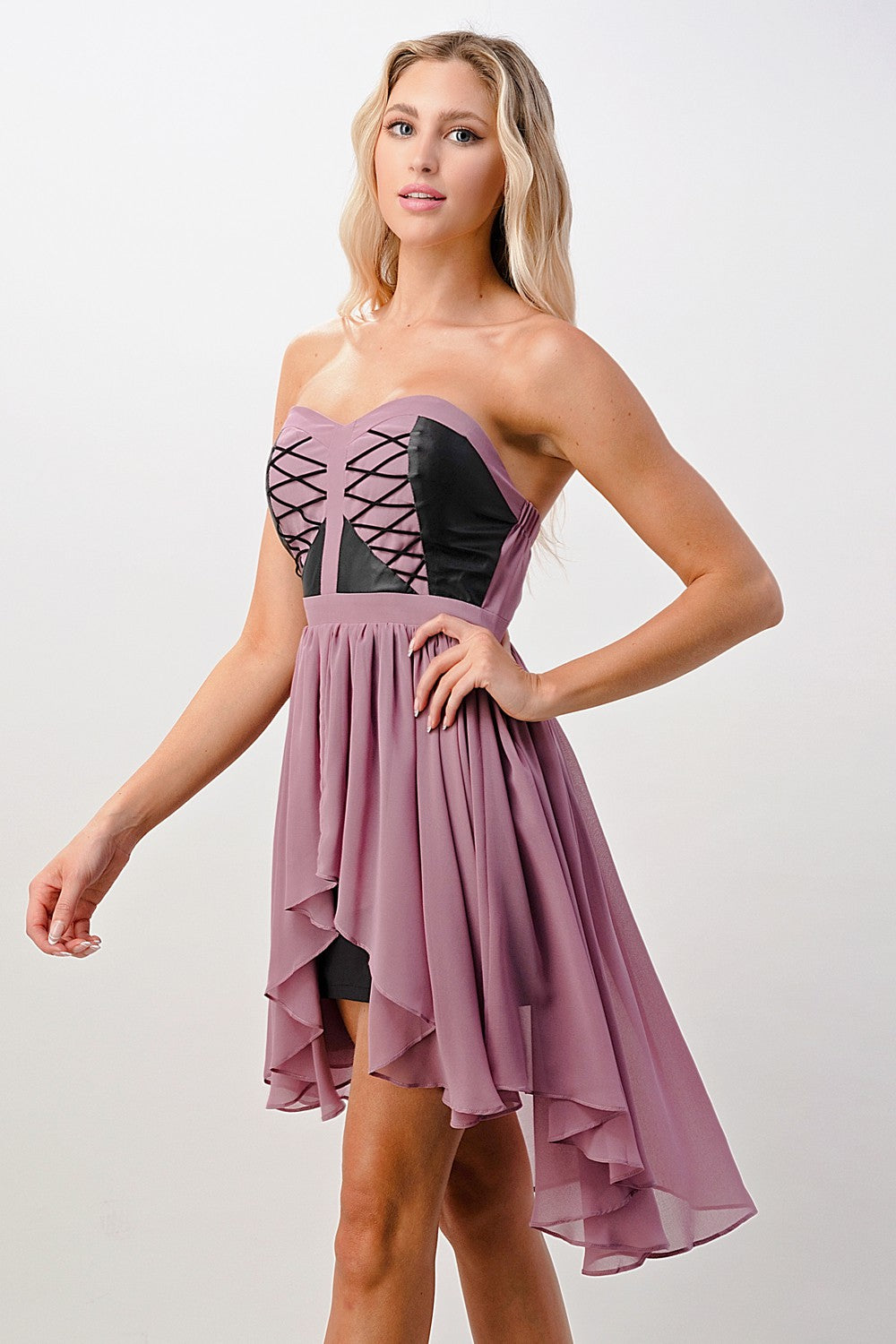 Strapless Lace-Up High-Low Dress M / Mauve
