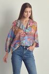 Ruffled V-Neck Patchwork Blouse