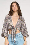 Wide ruffle sleeves tie crop cardigan leopard