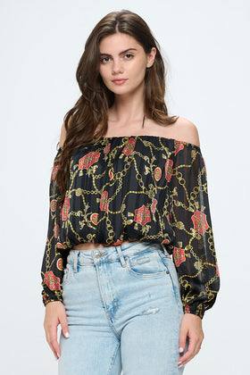 Off-Shoulder Printed Crop Top with Long Sleeves