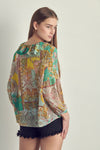 Ruffled V-Neck Patchwork Blouse