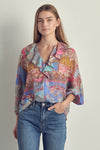 Ruffled V-Neck Patchwork Blouse