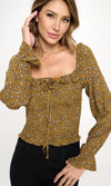 Smocked Floral Long Sleeve Top with Ruffle Neckline