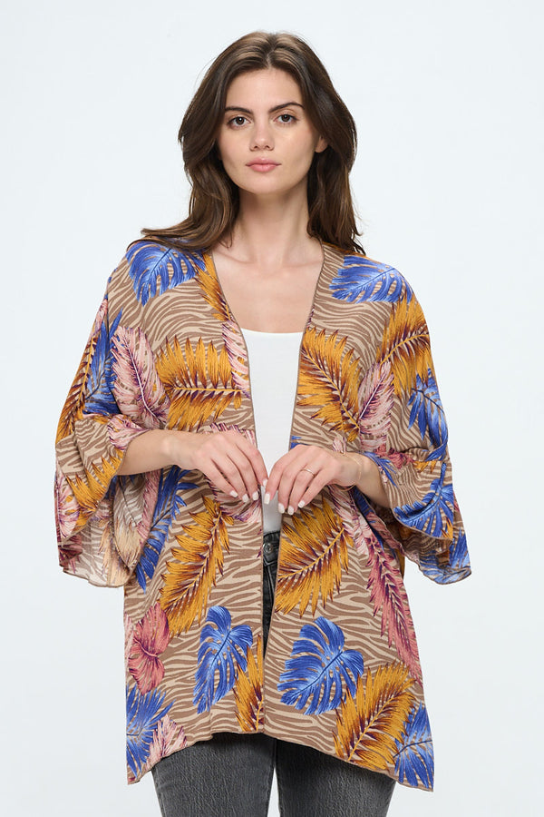 Tropical Leaf Print Open-Front Kimono Cardigan