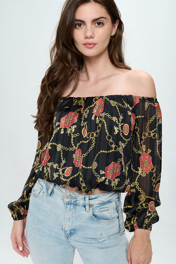 Off-Shoulder Printed Crop Top with Long Sleeves