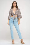 Wide ruffle sleeves tie crop cardigan leopard