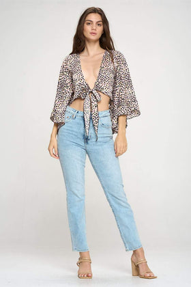 Animal Print Tie-Front Crop Top with Flared Sleeves