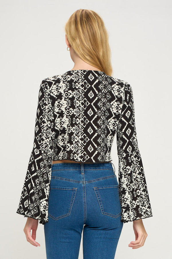 Boho Bell-Sleeve Crop Top with Tie-Front