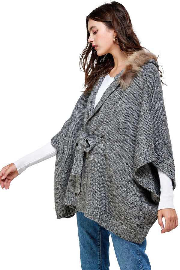 Hoodie Poncho Sweater Cardigan Fur Trim Top - MILEY + MOLLY