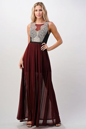 Elegant Sheer Maxi Dress with Lace Bodice and Flowing Skirt