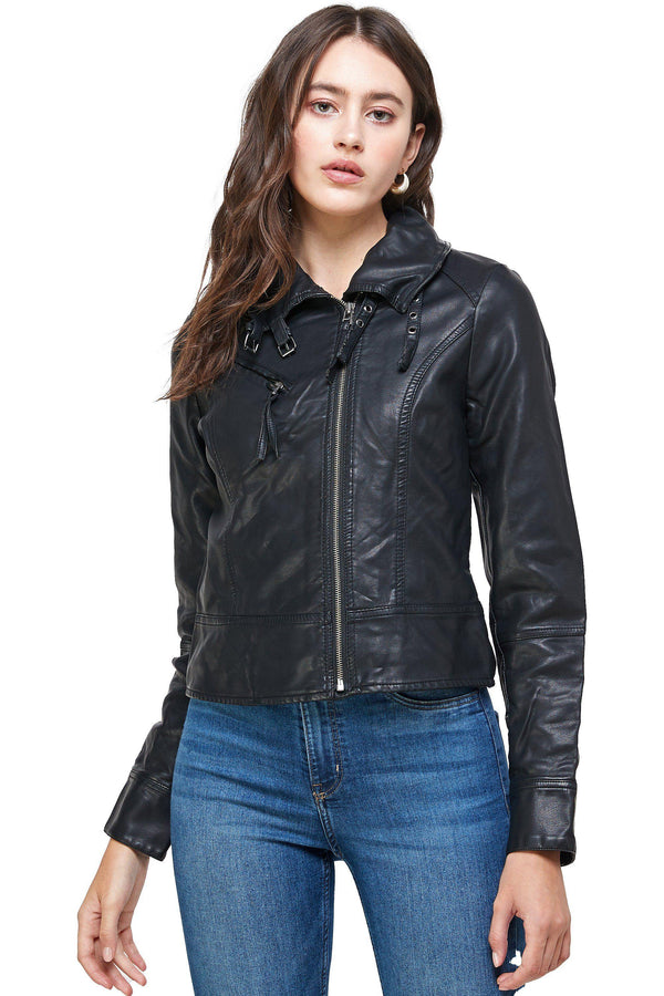 Double Buckle High Neck Vegan Leather Biker Jacket - MILEY + MOLLY