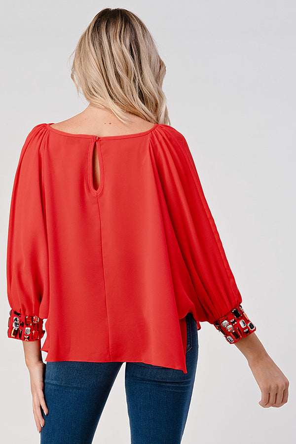 Women's Flowing Blouse with Embellished Cuffed Sleeves