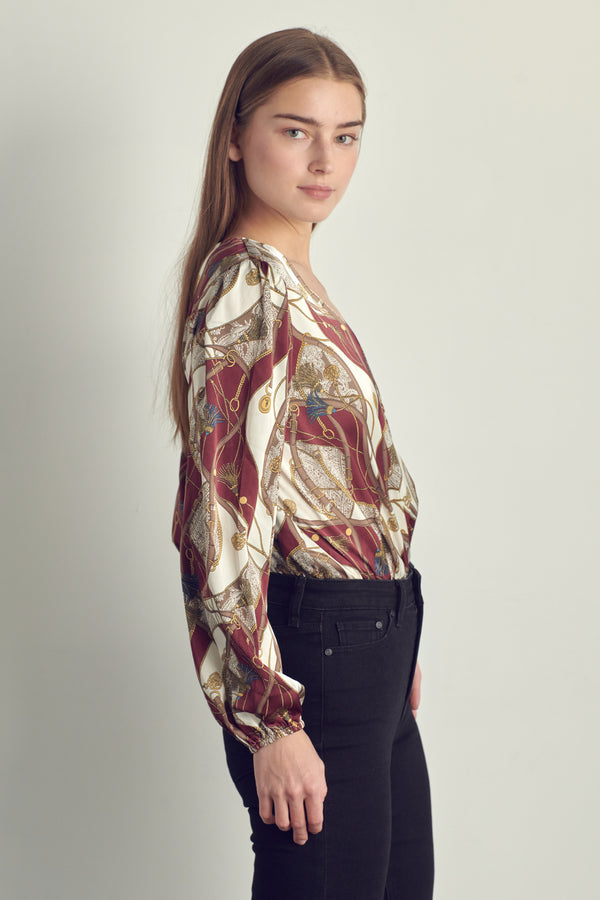 Women's V-Neck Abstract Print Blouse with Long Sleeves