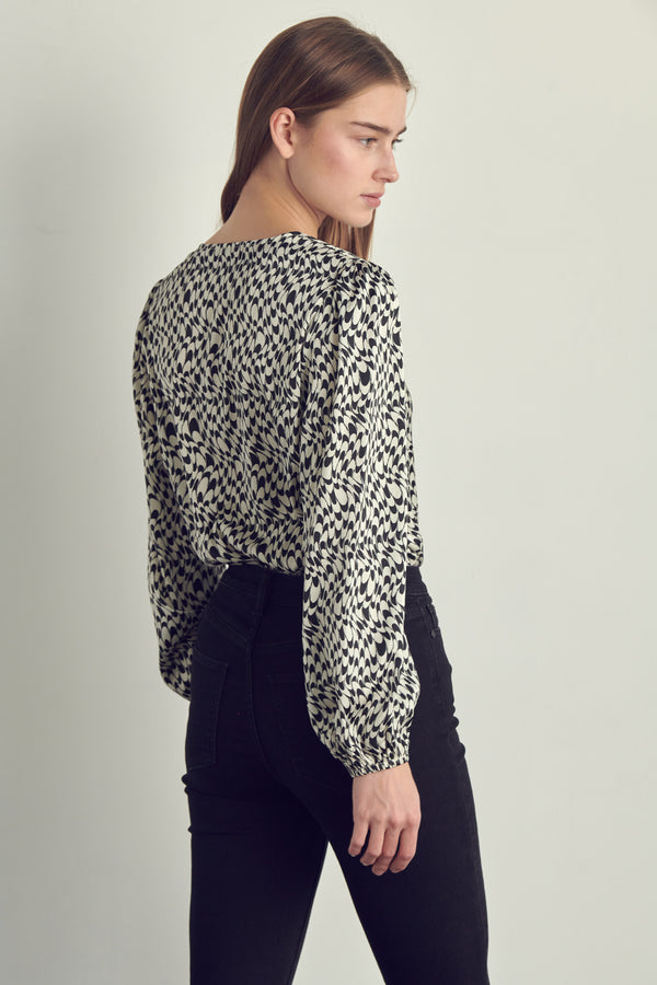 Women's V-Neck Abstract Print Blouse with Long Sleeves