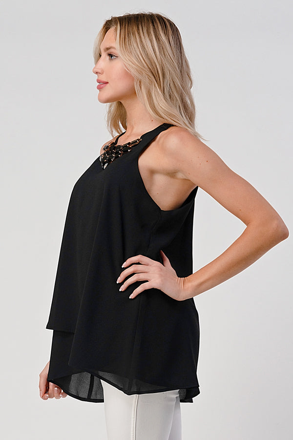 Sleeveless High-Low Top with Beaded Neckline