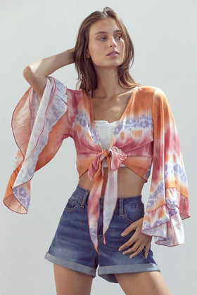 Bell-Sleeve Tie-Dye Crop Top with Flowy Sleeves