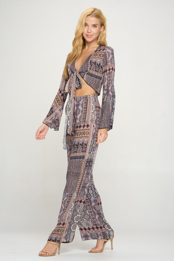 Boho Chic Bell Sleeve Crop Top and Wide Leg Pant Set