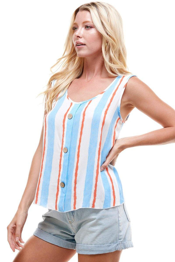 Multi Stripe Tie Shoulder Button Swing Top