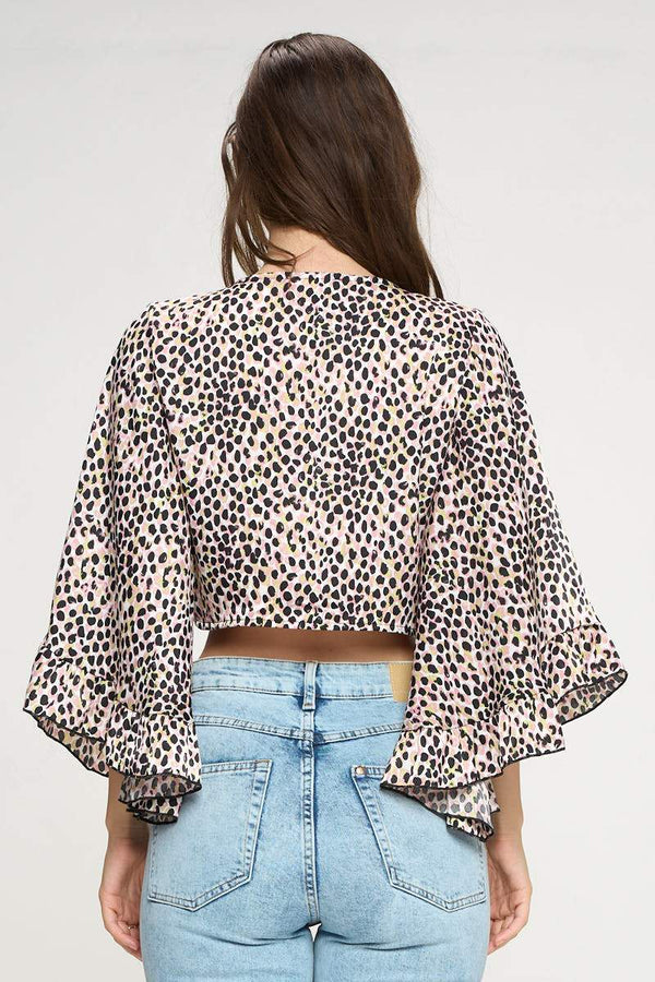 Wide ruffle sleeves tie crop cardigan leopard