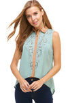 Sleeveless Button-Up Blouse with Intricate Embroidery