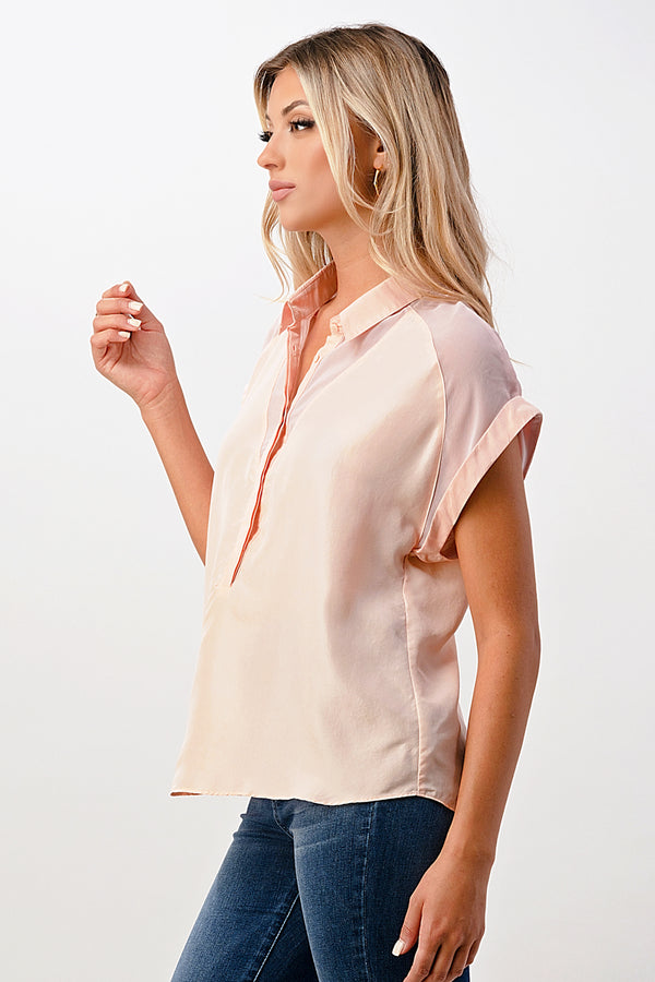 Rolled Sleeve Button-Up Satin Blouse