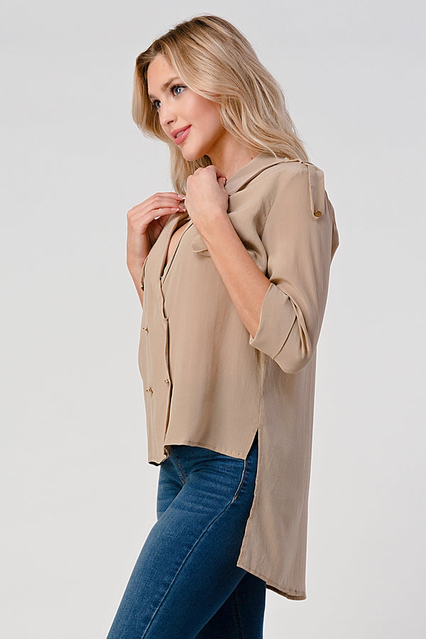 Double-Breasted Button-Up Blouse with Rolled Sleeves