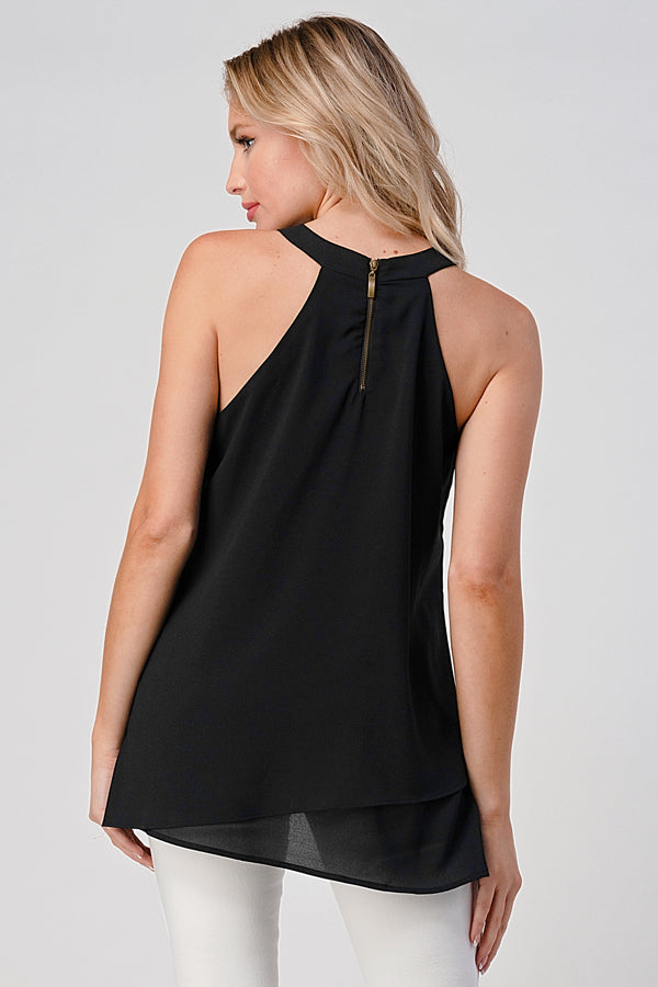 Sleeveless High-Low Top with Beaded Neckline