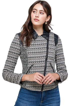 Textured Knit Jacket with Faux Leather Accents