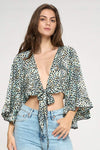 Wide ruffle sleeves tie crop cardigan leopard