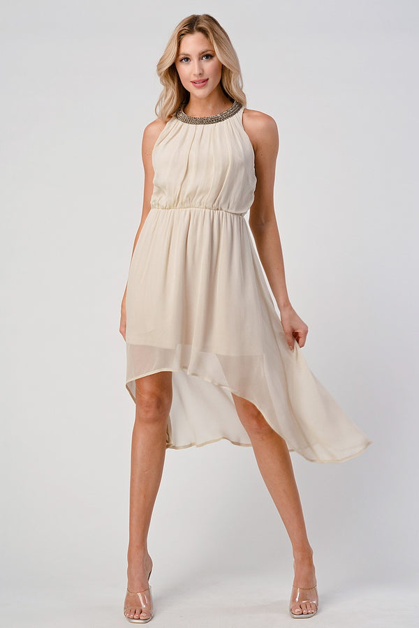 Sleeveless High-Low Beaded Neckline Dress