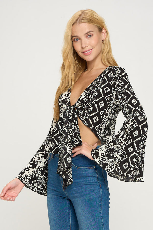 Boho Bell-Sleeve Crop Top with Tie-Front