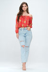 Off-Shoulder Printed Crop Top with Long Sleeves