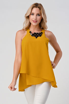 Sleeveless High-Low Top with Beaded Neckline