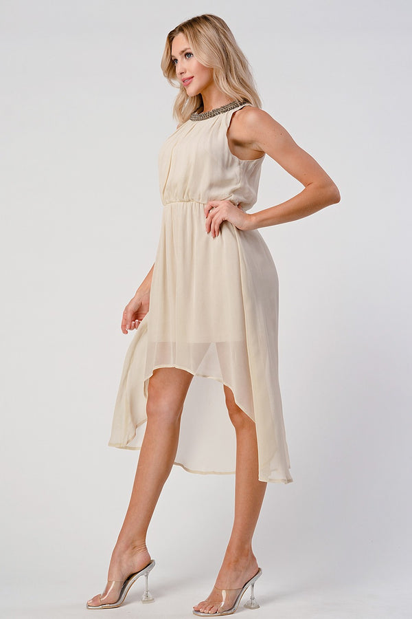 Sleeveless High-Low Beaded Neckline Dress