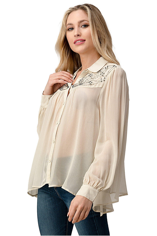 Mesh Blouse Shirt Top with Beaded Jewel Trim