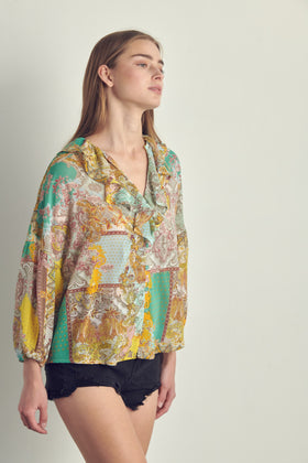 Ruffled V-Neck Patchwork Blouse