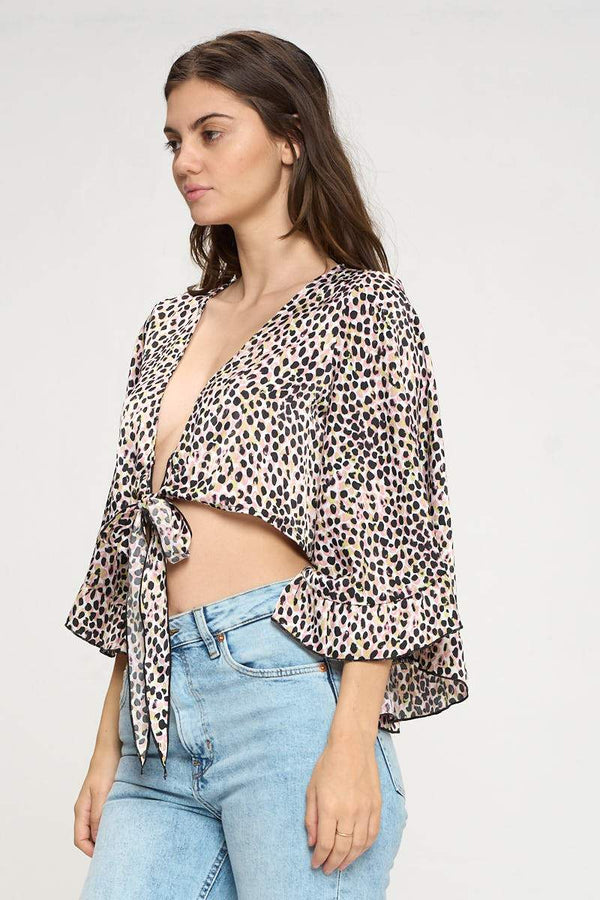 Wide ruffle sleeves tie crop cardigan leopard