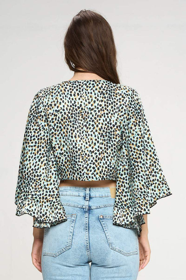 Wide ruffle sleeves tie crop cardigan leopard