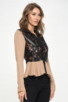 Chic Sheer Lace Peplum Blouse with Faux Leather Accents