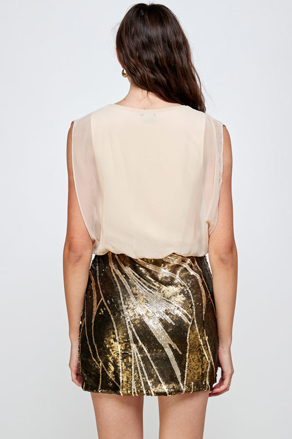 Sequin Skirt with Sleeveless Blouson Dress – Glamorous Party Look