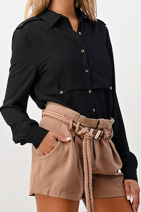 Long Sleeve Button-Down Blouse with Gold Button Accents