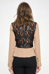 Chic Sheer Lace Peplum Blouse with Faux Leather Accents